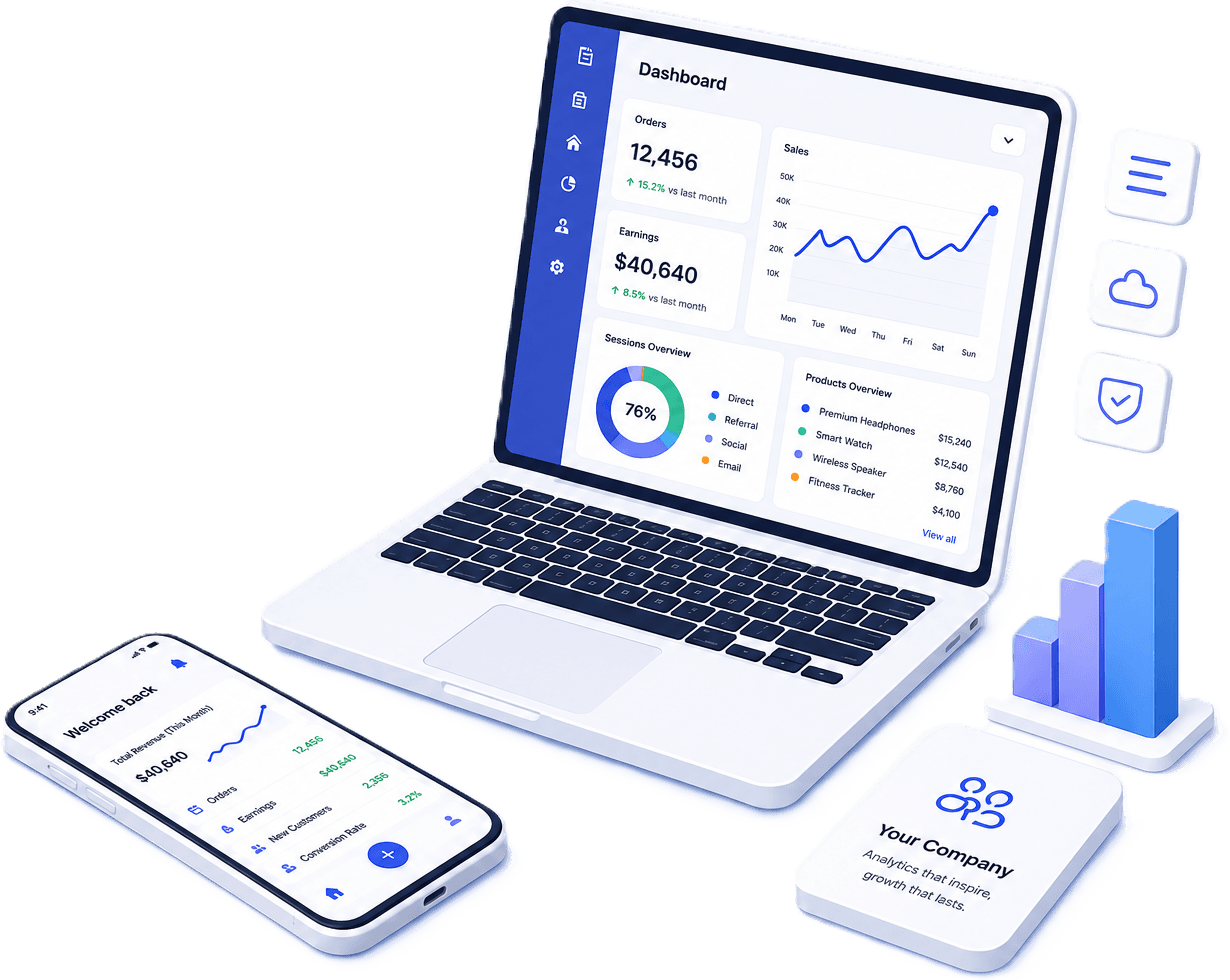 Enterprise software dashboard displayed across laptop and mobile devices